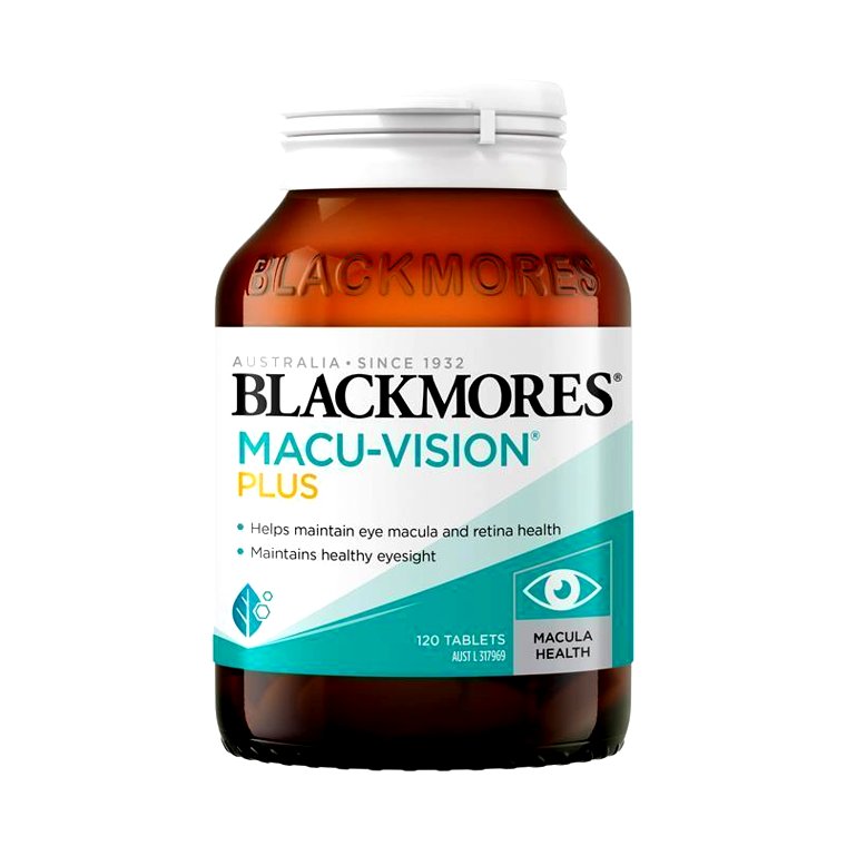 Lọ sản phẩm Blackmores Macu Vision Plus 120 viên hỗ trợ sức khỏe điểm vàng và võng mạc, giúp duy trì thị lực rõ ràng