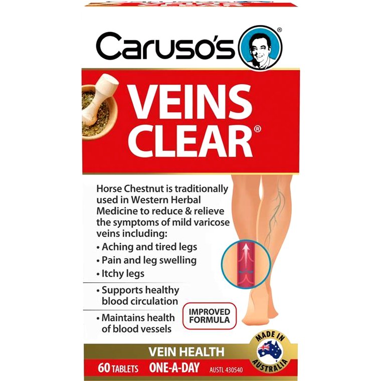 Hộp viên uống Caruso’s Veins Clear 60 viên hỗ trợ giảm giãn tĩnh mạch, sưng phù và đau chân nhờ chiết xuất hạt dẻ ngựa
