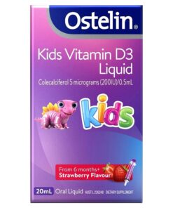 Ostelin Kids Vitamin D3 Liquid hộp 20ml vị dâu cho trẻ từ 6 tháng, giúp hấp thu canxi và phát triển xương khỏe mạnh