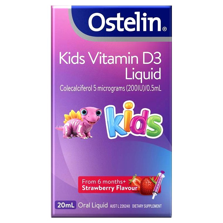 Ostelin Kids Vitamin D3 Liquid hộp 20ml vị dâu cho trẻ từ 6 tháng, giúp hấp thu canxi và phát triển xương khỏe mạnh