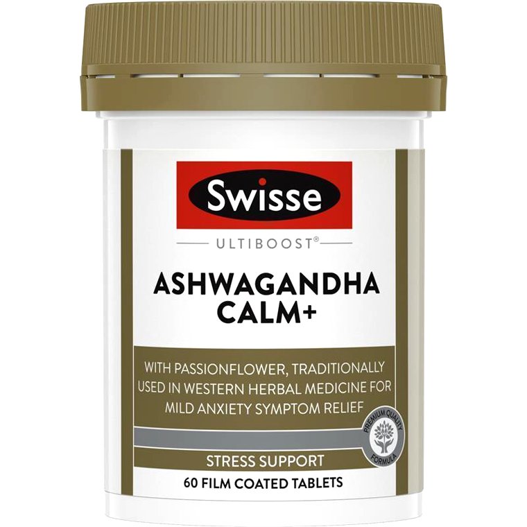 Lọ viên uống Swisse Ashwagandha Calm+ 60 viên hỗ trợ giảm stress, lo âu và ổn định tinh thần với chiết xuất thảo dược