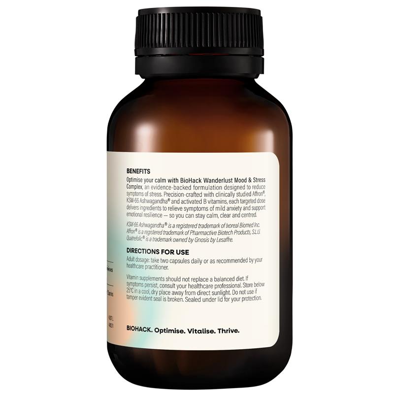 BioHack Wanderlust Mood & Stress Complex Hỗ Trợ Tâm Trạng Và Căng Thẳng 60 Viên Nang – ảnh 3