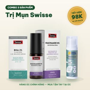 Combo Trị Mụn Swisse: BHA 2% + Niacinamide 10% + Kem Chống Nắng